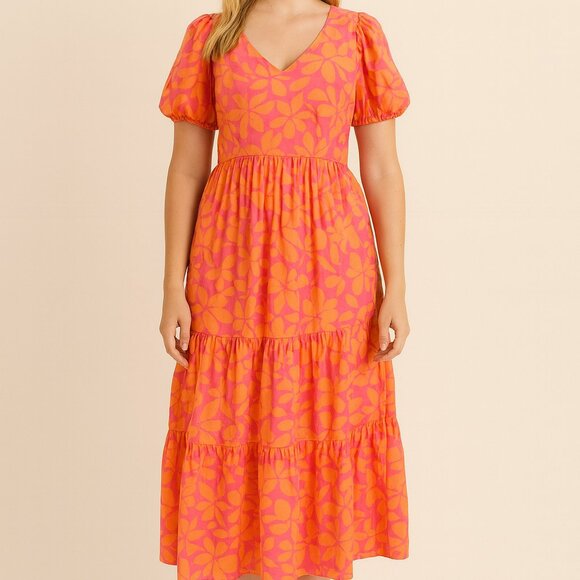 J.Crew Pink Orange Floral Print Cotton Midi Maxi Short Sleeve V-neck Dress 10 - Picture 14 of 14